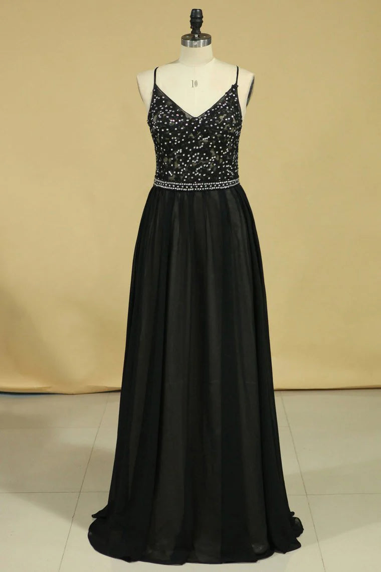 Spaghetti Straps Open Back Party Dresses Chiffon With Applique And Beads